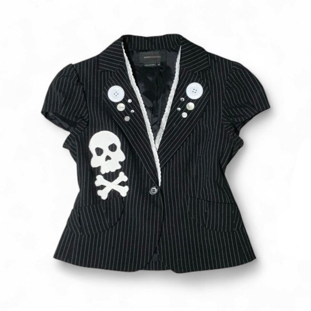 Custom Upcycled BCBG Y2K Pinstripe Skull Patchwork Blouse